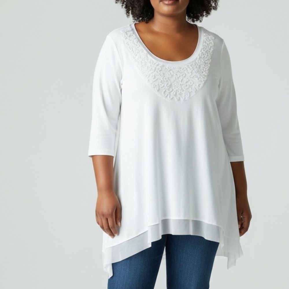 Casual Express Pearl Ivory Ribbon‎ Ruffle 3/4 Sleeve Tunic Size XL